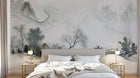 Design L0945 — Papier peint Paysage encre riviere brumeuse cabane — Novomur
