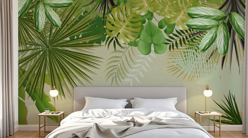 Design L1010 — Papier peint Encadrement feuillage tropical fond beige — Novomur