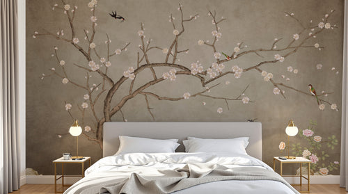Design L1068 — Papier peint Prunier fleurs roses oiseaux fond taupe — Novomur