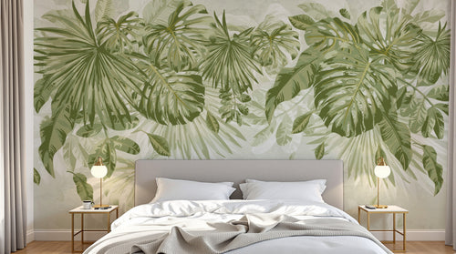 Design L1127 — Papier peint Feuillage tropical sauge fond beige texture — Novomur