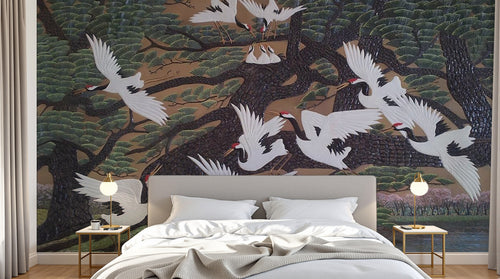 Design SL0002 — Papier peint Grues blanches sous pin peinture asiatique — Novomur