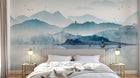 Design SL0004 — Papier peint Paysage encre bleue montagnes pagodes voiliers — Novomur