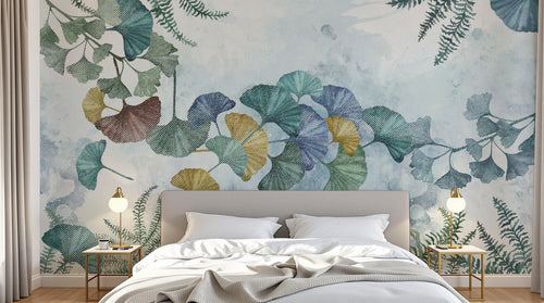 Design SL0008 — Papier peint Ginkgo multicolore aquarelle bleu pale — Novomur
