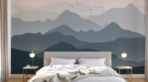 Design SL0010 — Papier peint Montagnes silhouettes bleues degrade ciel rose — Novomur