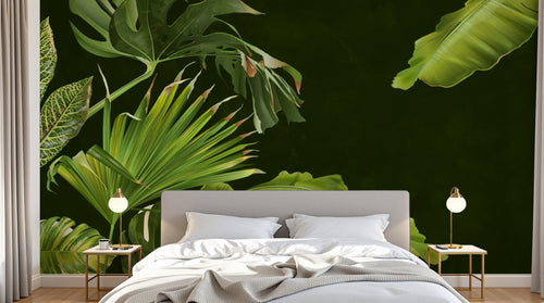 Design SL0026 — Papier peint Feuillage tropical fond vert sombre — Novomur