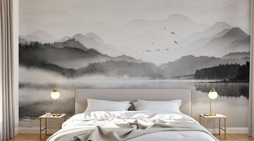 Design SL0027 — Papier peint Paysage lac brumeux noir blanc montagnes — Novomur