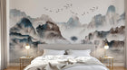 Design SL0032 — Papier peint Paysage encre bleu marron montagnes lac — Novomur