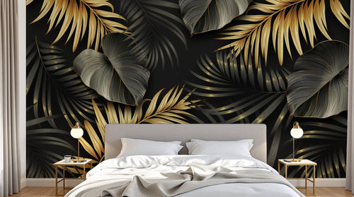 Design SL0033 — Papier peint Feuilles tropicales noir et or luxe — Novomur