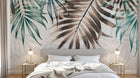 Design SL0045 — Papier peint Palmes turquoise et marron fond gris — Novomur
