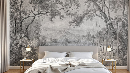 Design SL0057 — Papier peint Paysage tropical gravure ancienne riviere — Novomur