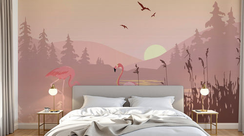 Design SL0060 — Papier peint Flamants roses coucher soleil lac roseaux — Novomur