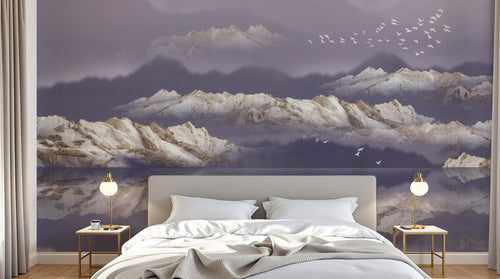 Design SL0063 — Papier peint Montagnes blanches dorees reflet ciel violet — Novomur