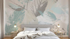 Design SL0083 — Papier peint Feuilles stencil turquoise beige fond creme — Novomur