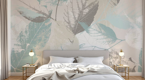 Design SL0083 — Papier peint Feuilles stencil turquoise beige fond creme — Novomur