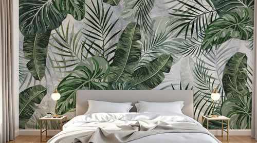 Design SL0086 — Papier peint Feuilles tropicales fond marbre gris — Novomur