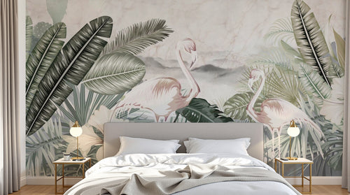 Design SL0097 — Papier peint Flamants roses palmes fond marbre — Novomur