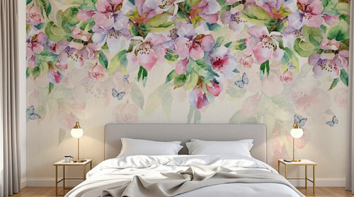 Design SL0106 — Papier peint Cascade cerisier rose pastel papillons — Novomur
