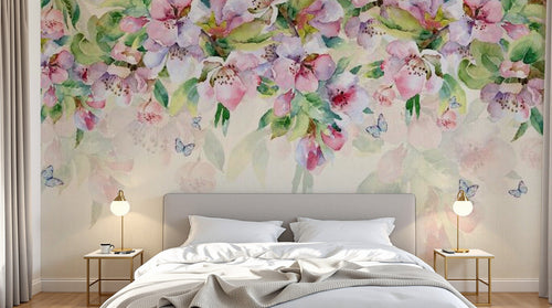 Design SL0106 — Papier peint Cascade cerisier rose pastel papillons — Novomur