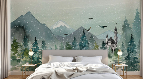 Design SL0111 — Papier peint Paysage hivernal renard chateau sapins — Novomur