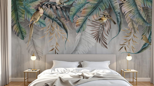 Design SL0140 — Papier peint Bananiers palmes oiseaux fond beton — Novomur