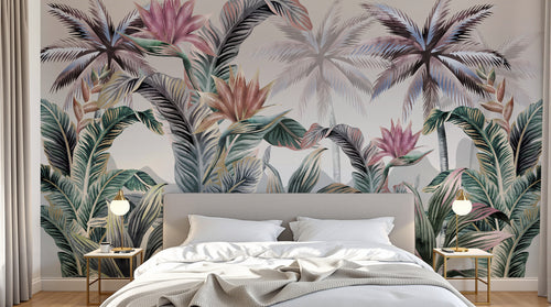 Design SL0141 — Papier peint Jungle pastel oiseaux paradis fond brume — Novomur