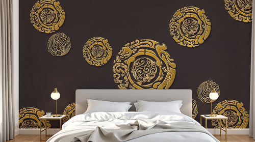 Design SL0142 — Papier peint Medaillons dores dragons fond marron — Novomur