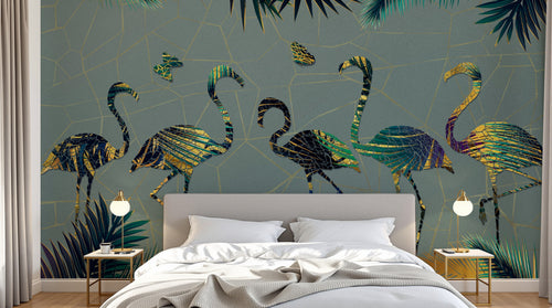 Design SL0143 — Papier peint Flamants silhouettes colorees fond gris — Novomur