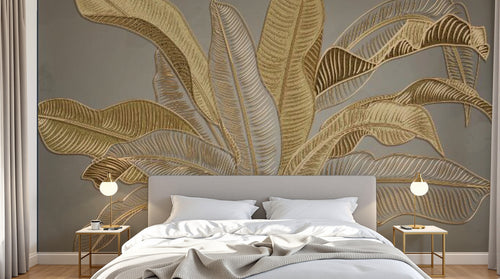 Design SL0175 — Papier peint Bananier dore relief fond gris — Novomur