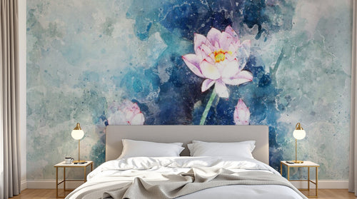 Design SL0187 — Papier peint Lotus aquarelle splash bleu vert — Novomur