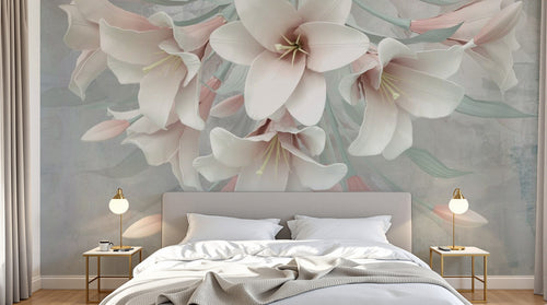 Design SL0191 — Papier peint Lis blancs cascade rose pastel — Novomur
