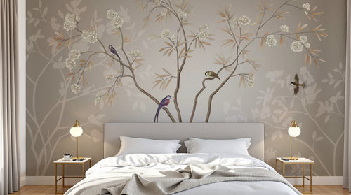 Design SL0199 — Papier peint Arbre oiseaux exotiques chinoiserie beige — Novomur