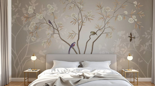 Design SL0199 — Papier peint Arbre oiseaux exotiques chinoiserie beige — Novomur