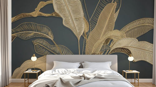 Design SL0206 — Papier peint Bananier dore relief fond bleu marine — Novomur