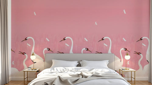 Design SL0211 — Papier peint Grues blanches fond rose pastel — Novomur