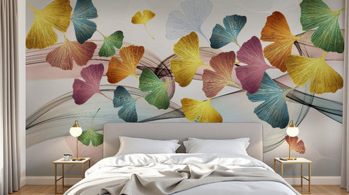 Design SL0212 — Papier peint Ginkgo multicolore lignes fluides — Novomur
