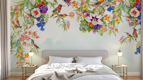 Design SL0226 — Papier peint Cascade fleurs colorees colibris exotiques — Novomur