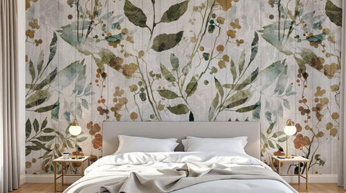 Design SL0235 — Papier peint Feuilles botaniques aquarelle vert beige — Novomur