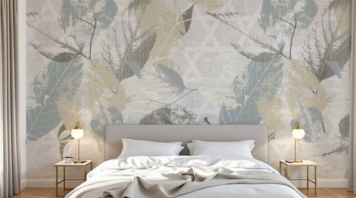 Design SL0257 — Papier peint Feuilles stencil vintage beige bleu gris — Novomur