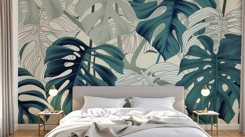Design SL0297 — Papier peint Monstera turquoise lignes fond creme — Novomur
