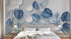 Design SL0333 — Papier peint Monstera bleue hexagones fond blanc — Novomur