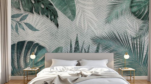 Design SL0334 — Papier peint Feuillage tropical sauge fond chevron — Novomur