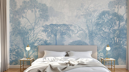 Design SL0339 — Papier peint Foret gravure bleu vintage botanique — Novomur