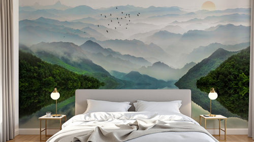 Design SL0364 — Papier peint Vallee chinoise brumeuse lac barques — Novomur