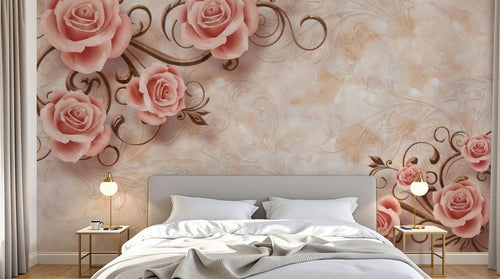 Design SL0371 — Papier peint Roses pales arabesques fond beige damasse — Novomur