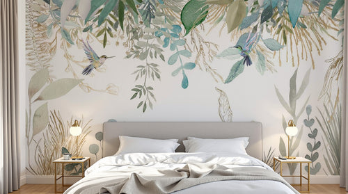 Design SL0373 — Papier peint Branches colibris aquarelle vert blanc — Novomur