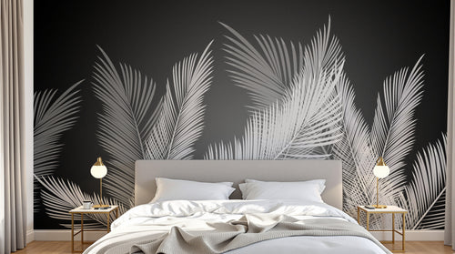 Design SL0386 — Papier peint Palmes blanches fond gris fonce contraste — Novomur