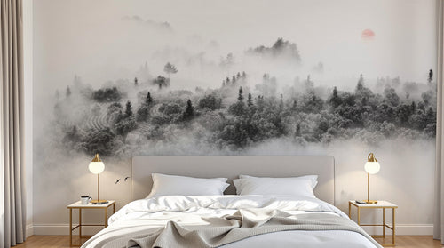 Design SL0388 — Papier peint Foret brumeuse aerienne soleil rose — Novomur