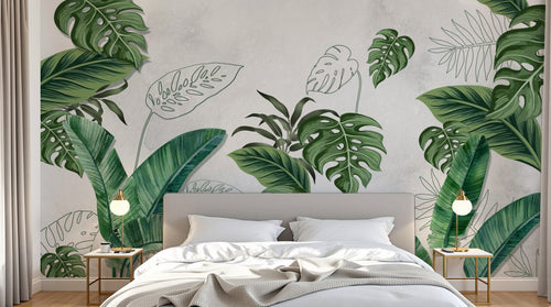 Design SL0442 — Papier peint Monstera palmes vert vif fond beton — Novomur
