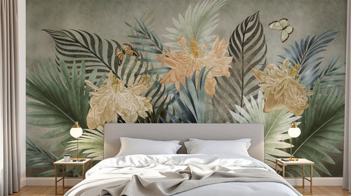 Design SL0443 — Papier peint Palmes hibiscus papillons fond beige — Novomur