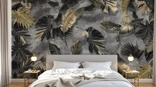 Design SL0452 — Papier peint Feuilles tropicales noir or fond gris luxe — Novomur